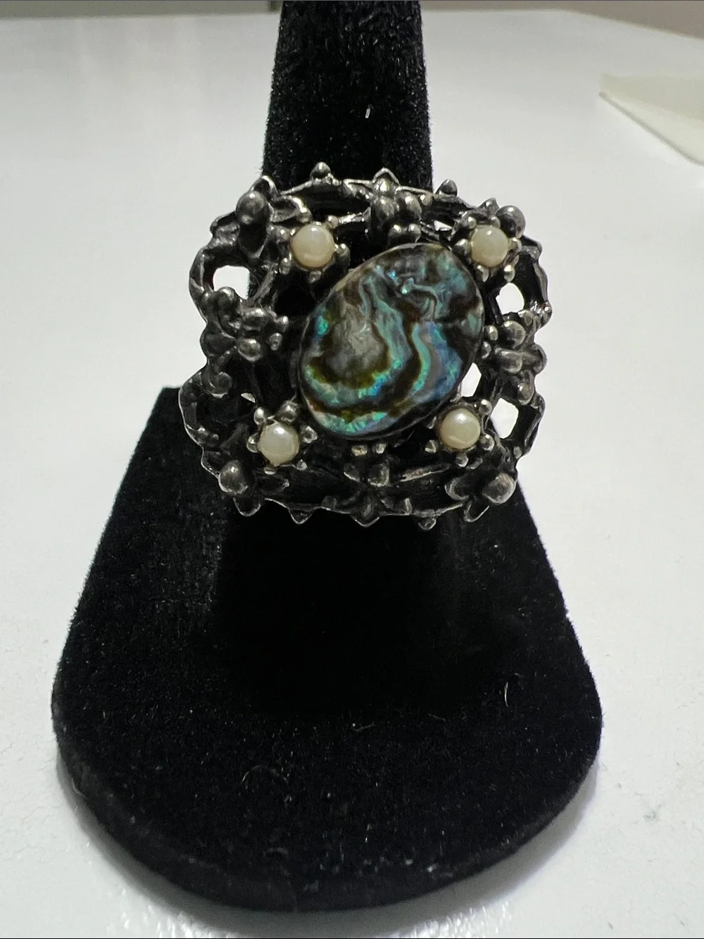 Oxidized Silver Abalone Statement  Ring - Iridescent Shell - Size 7 - Vintage